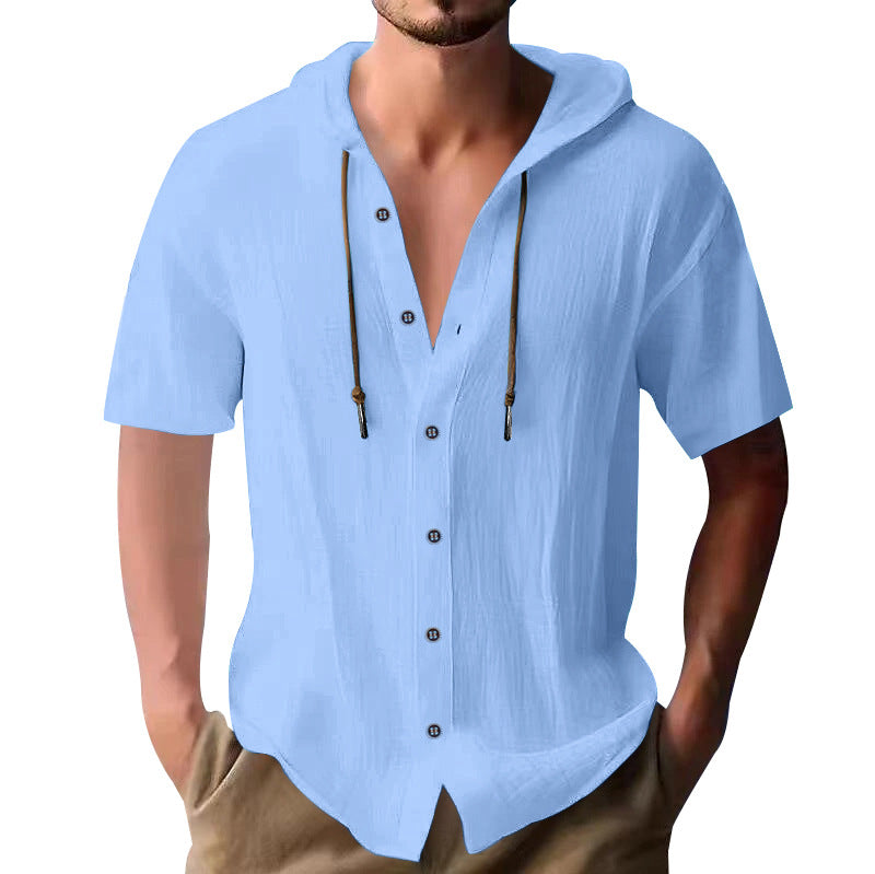 Men's lightweight short-sleeve hooded shirt with button placket and breathable cotton blend Mune Fashion