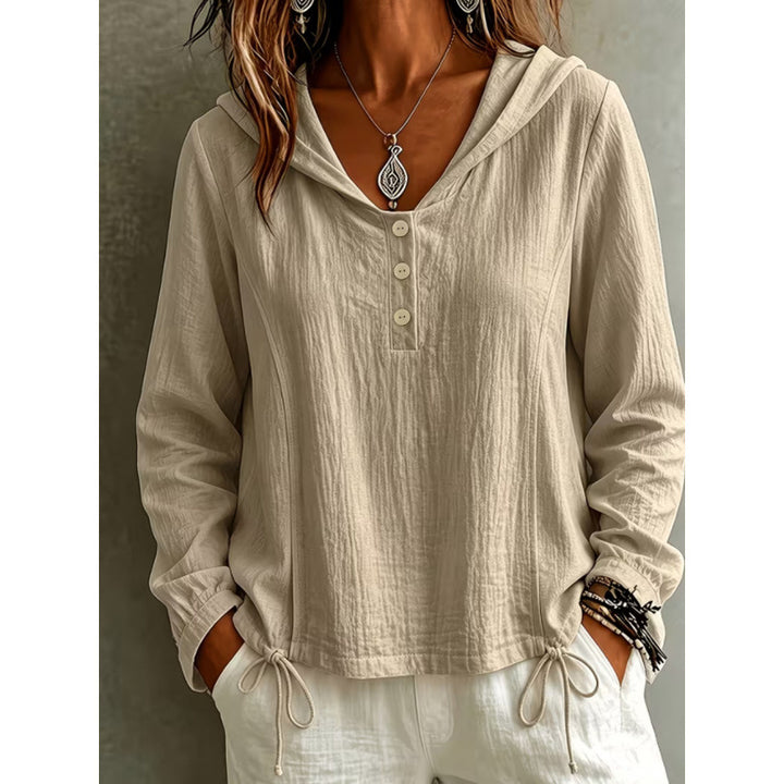 Women's Light Hooded Blouse made of Cotton Crinkle with Button Placket and Drawstring Hem Mune Fashion