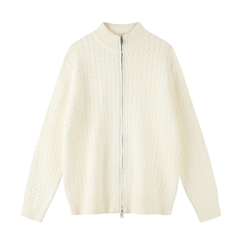 Unisex Boxy Cardigan with Cable Pattern, Stand-up Collar and Two-way Zipper Mune Fashion