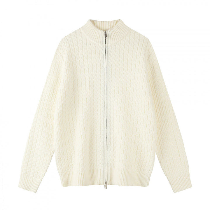 Unisex Boxy Cardigan with Cable Pattern, Stand-up Collar and Two-way Zipper Mune Fashion