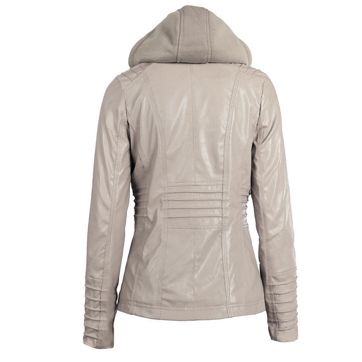 Women's Slim-Fit Faux Leather Jacket with Hood, Padded Sleeves and Zipper Pockets Mune Fashion