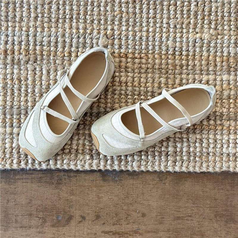 Damen Ballerina-Slipper mit Kreuzriemchen, Wildleder- und Krokostruktur Mune Fashion