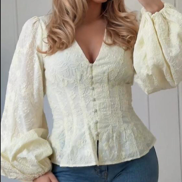 Women's Tailored Lace Blouse in Corset Style with V-Neck, Button Placket and Balloon Sleeves Mune Fashion