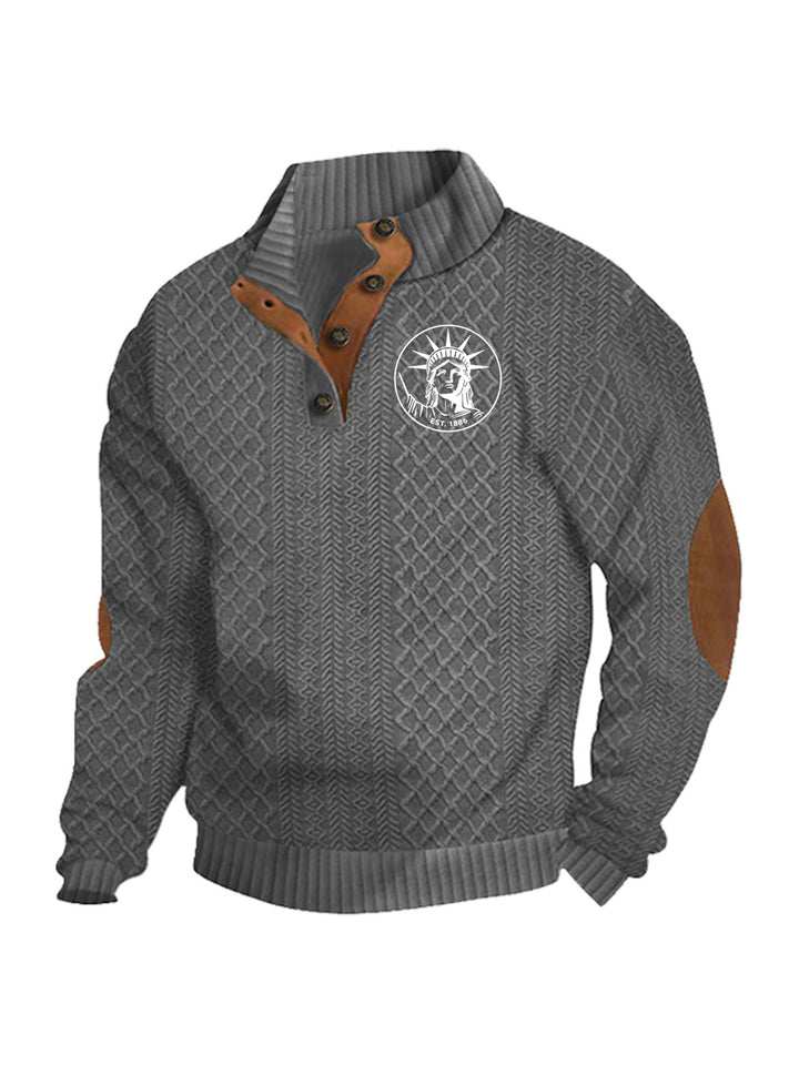 Men's nan Heritage textured pullover with stand-up collar faux leather trim elbow patches and half-button placket Mune Fashion