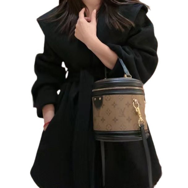 Women's Short Wool Coat with Waist Belt and Oversized Sleeves Mune Fashion