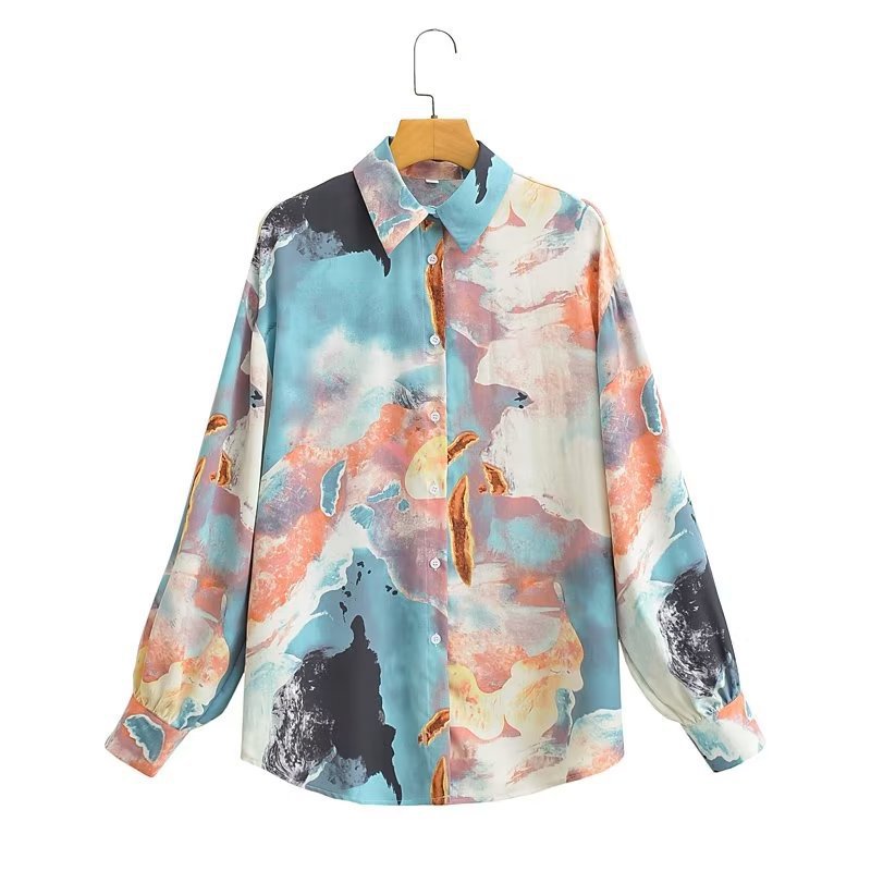 Women's silk look shirt blouse with abstract print and oversized cut Mune Fashion