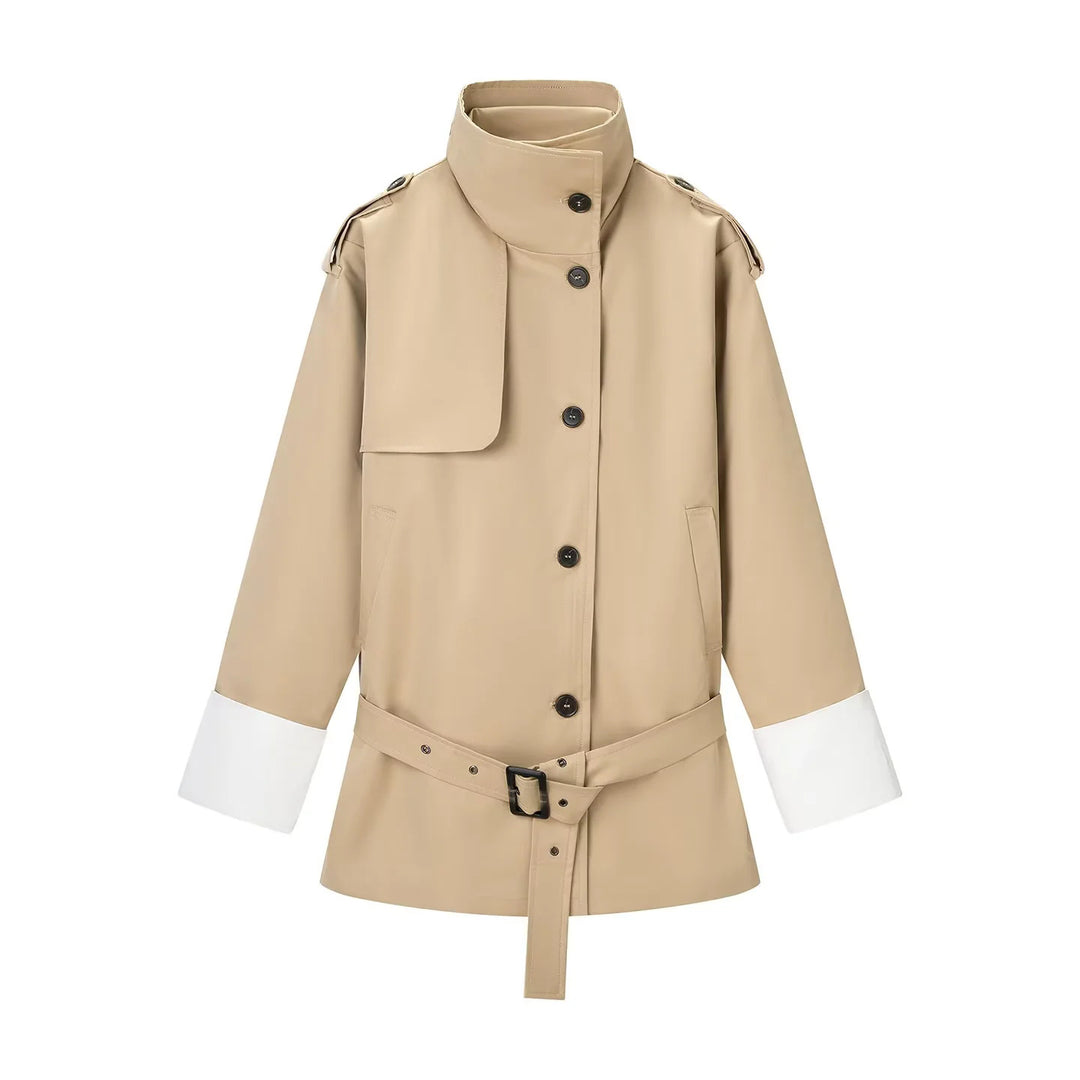 Women's tailored short trench coat with stand-up collar, epaulettes, and tie belt Mune Fashion