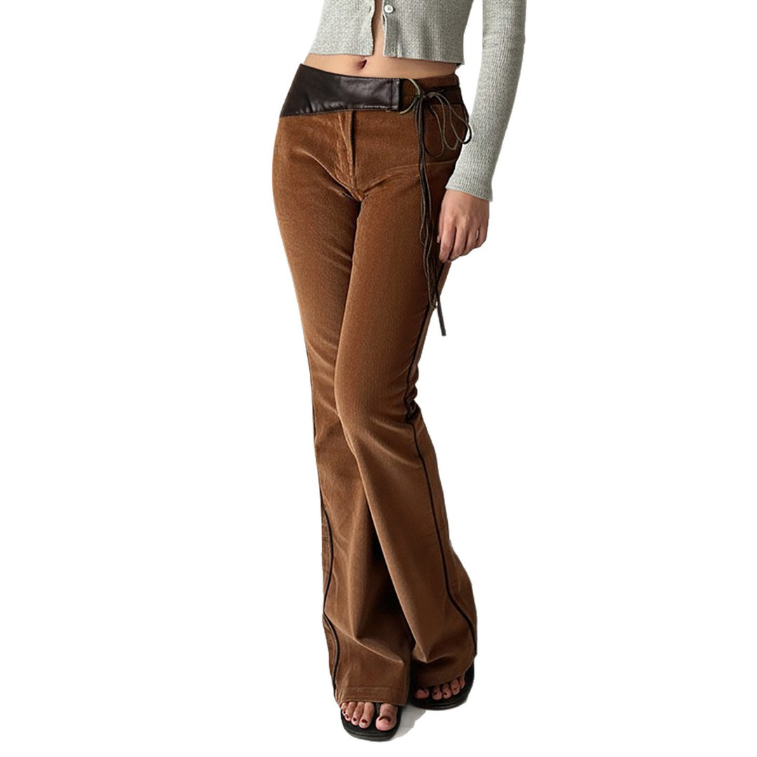Women's corduroy pants with a high waistband, leather trim, and tie belt Mune Fashion