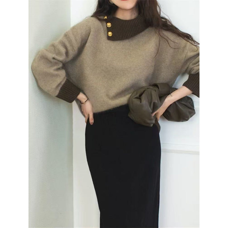 Women's Short-Cut Sweater with Asymmetrical Button Mock Neck and Balloon Sleeves Mune Fashion