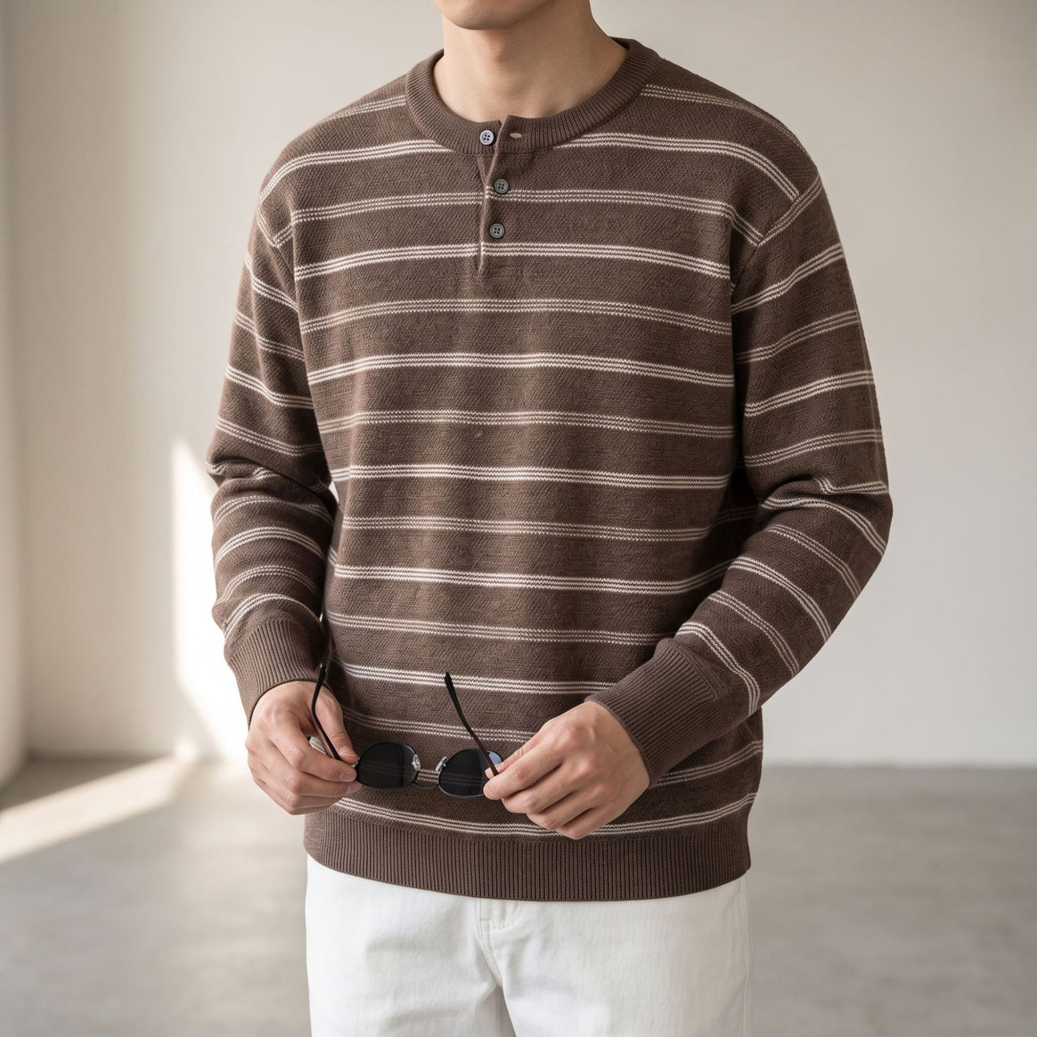 Men's Henley knit sweater with fine texture and horizontal stripes Mune Fashion