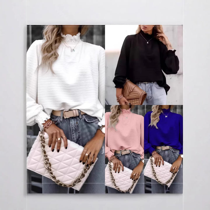 Women Loose Structured Long Sleeve Top with Ruffle Collar and Smocked Cuffs Drune