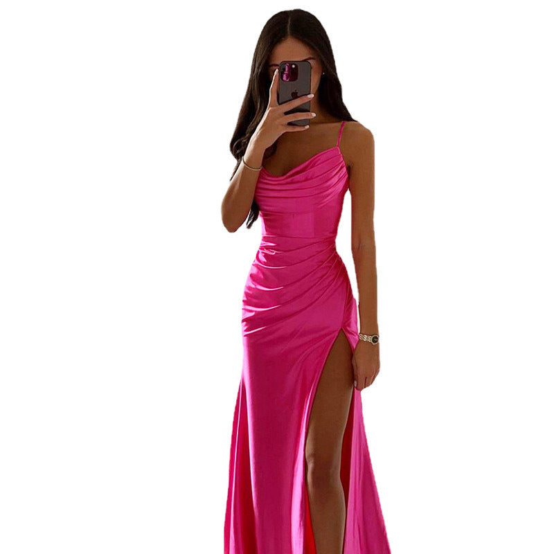 Women Elegant Evening Dress with Gatherings and High Split Mune Fashion