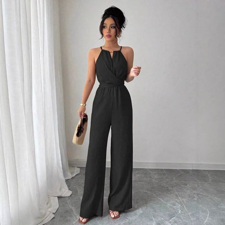 Women's Sleeveless Halter Jumpsuit with Wrap Top and Wide Leg Mune Fashion