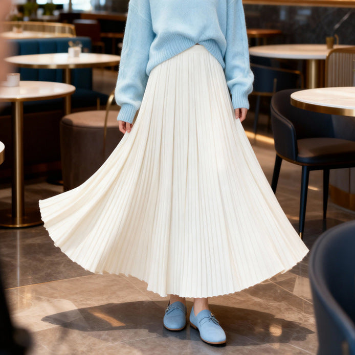 Women's flowing pleated midi maxi skirt in fine rib knit with elasticated waistband Mune Fashion