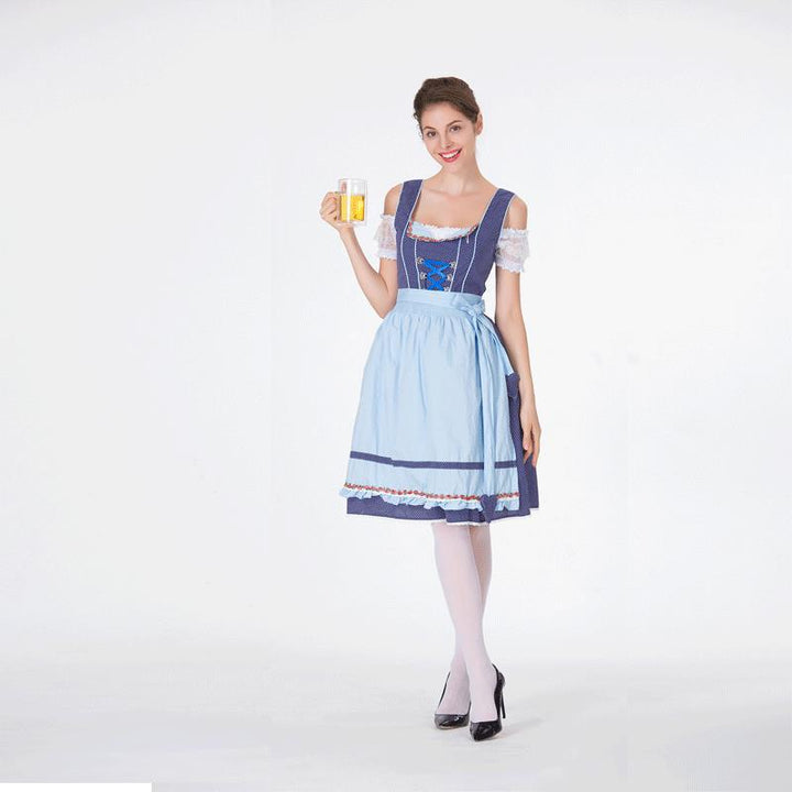 Women's classic traditional dirndl with polka dot bodice, laced corset and removable ruffled apron Mune Fashion