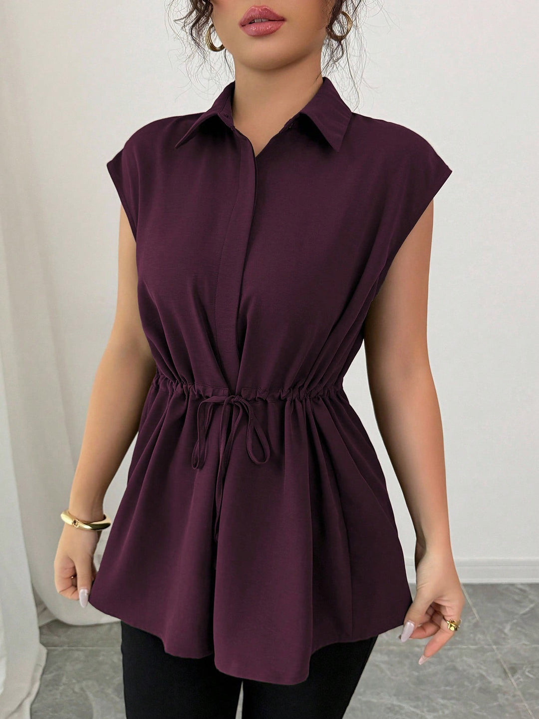 Women's Sleeveless Shirt Blouse Tunic with Drawstring Waistband Mune Fashion