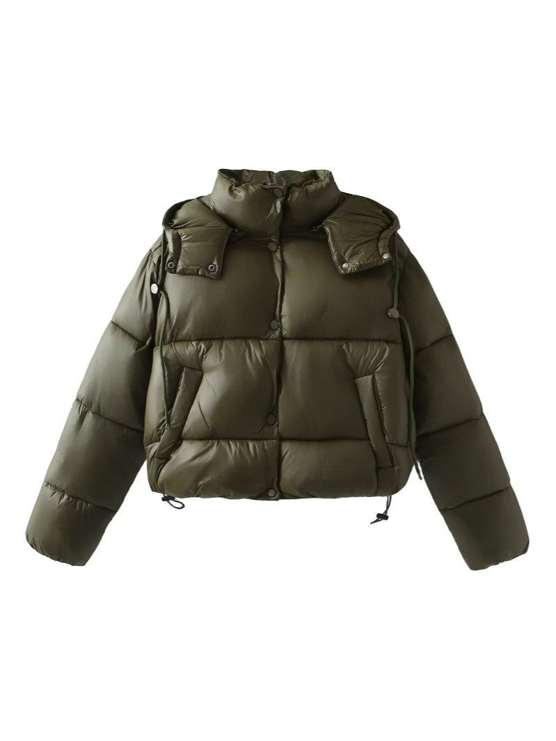 Women Shiny Cropped Puffer Jacket with Drawstring and Snap Button Placket Mune Fashion