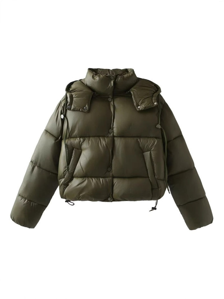 Women Shiny Cropped Puffer Jacket with Drawstring and Snap Button Placket Mune Fashion