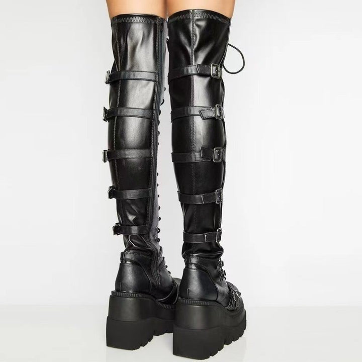 Women's Over-the-Knee Boots in Biker Style with Continuous Lacing, Side Zipper and Chunky Platform Sole Mune Fashion