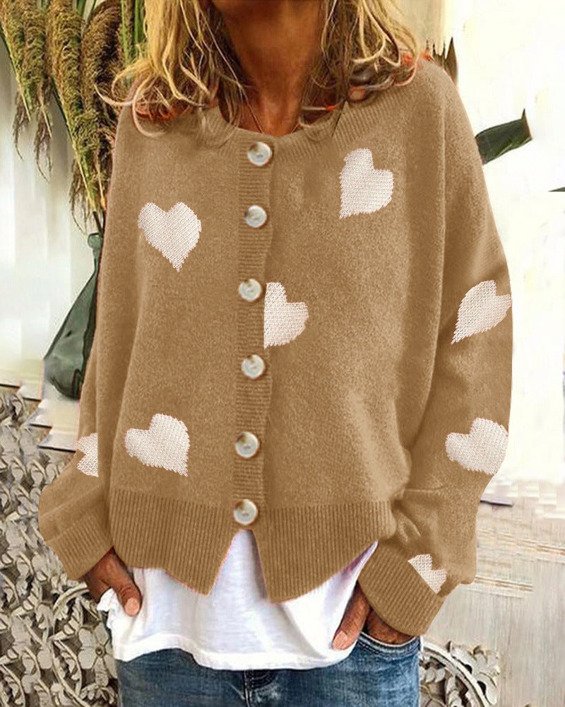 Women Buttoned Oversized Knitted Cardigan with Heart Jacquard and Pearl Buttons Mune Fashion