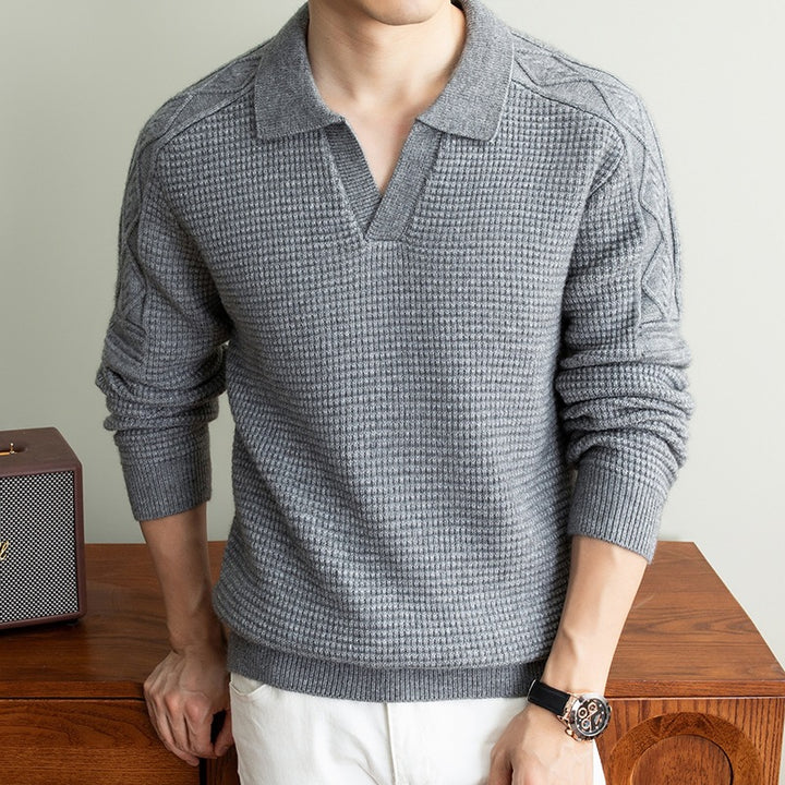 Men's polo sweater with textured waffle knit and cable pattern sleeves Mune Fashion