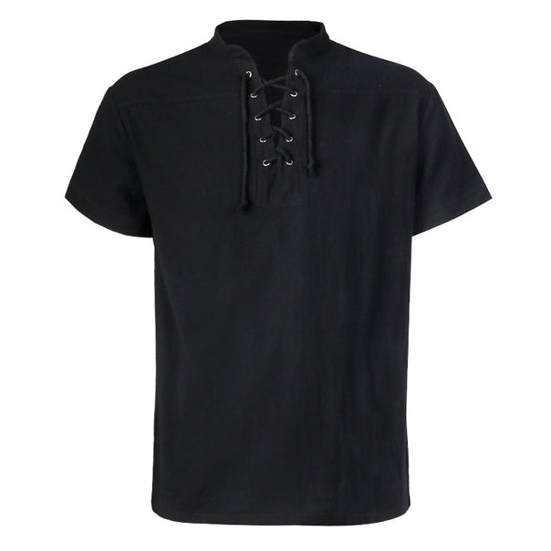 Men's casual short-sleeve shirt with laced V-neck, short stand-up collar, and soft cotton blend Mune Fashion