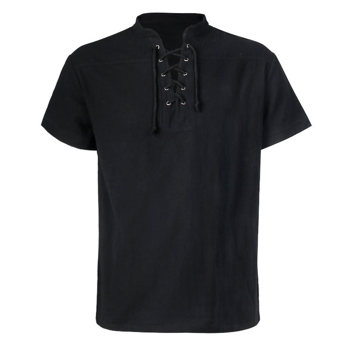 Men's casual short-sleeve shirt with laced V-neck, short stand-up collar, and soft cotton blend Mune Fashion