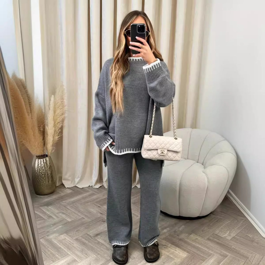 Ladies casual knitted loungewear with oversized sweater and wide knitted pants Mune Fashion