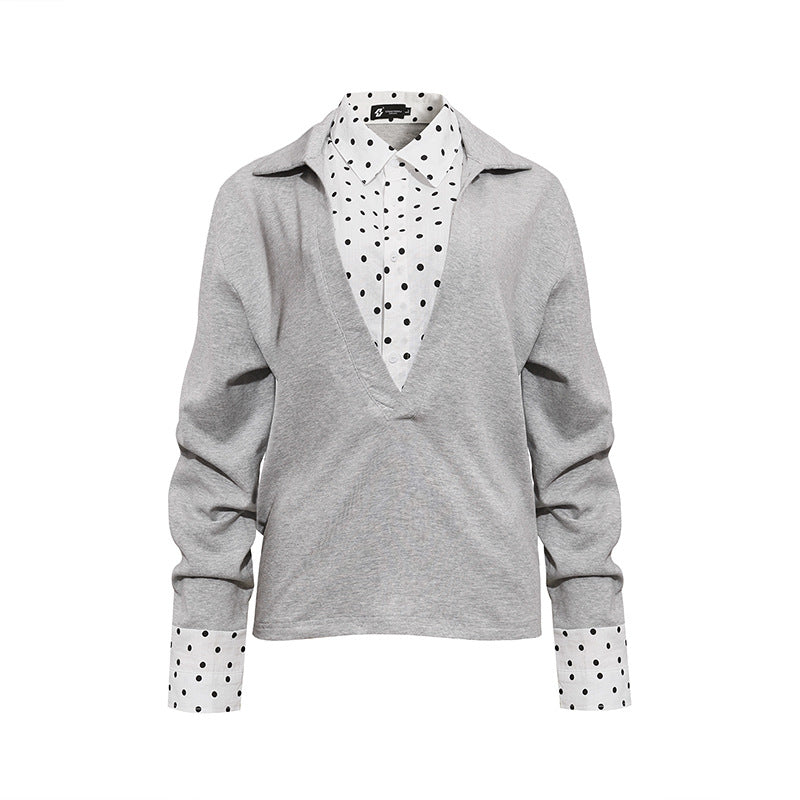 Women Layered Long Sleeve Shirt with Deep V-Neck, Attached Placket and Polka Dot Details Mune Fashion