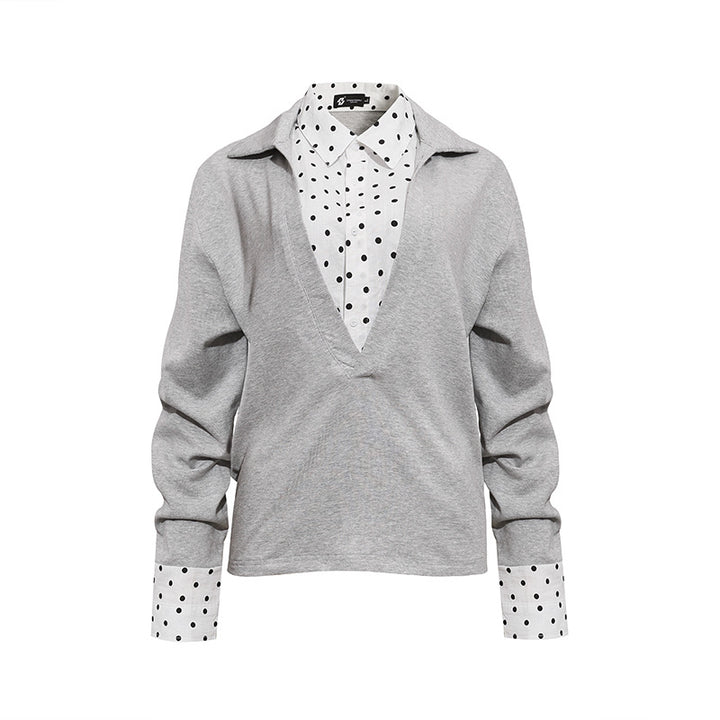 Women Layered Long Sleeve Shirt with Deep V-Neck, Attached Placket and Polka Dot Details Mune Fashion