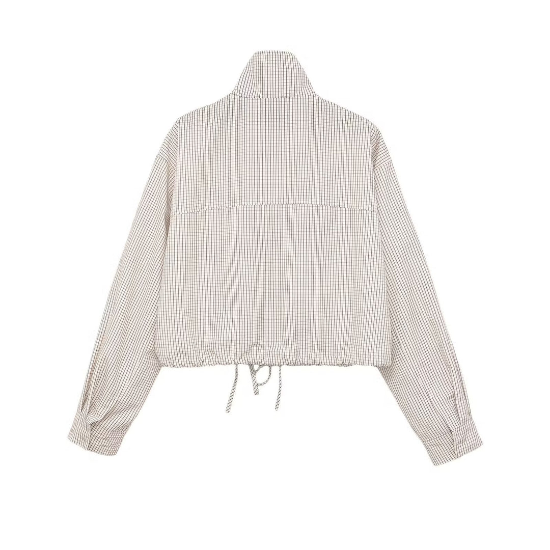 Women's Checked Cropped Jacket with Stand-up Collar, Drawstring and Concealed Zip Mune Fashion