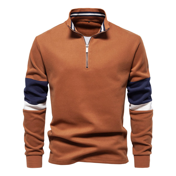 Men's half-zip pullover with stand-up collar, striped collar inner band and contrast sleeves Mune Fashion