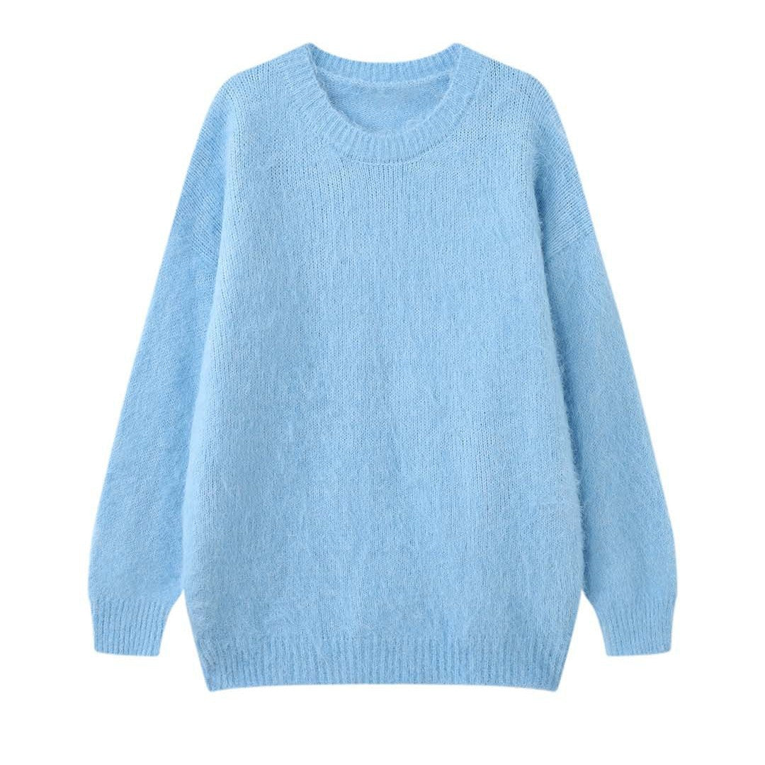 Women Soft Oversize Mohair-Optic Sweater with Ribbed Hem and Round Neckline Mune Fashion