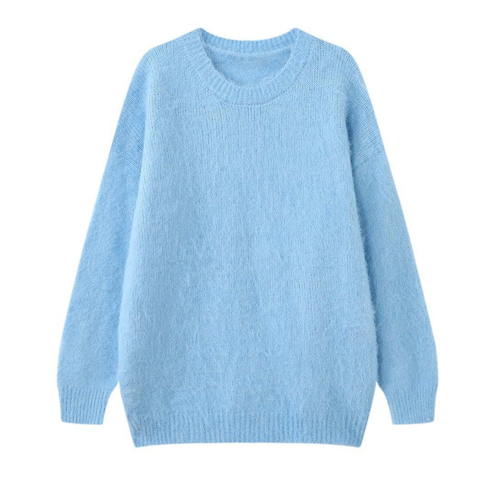 Women Soft Oversize Mohair-Optic Sweater with Ribbed Hem and Round Neckline Mune Fashion