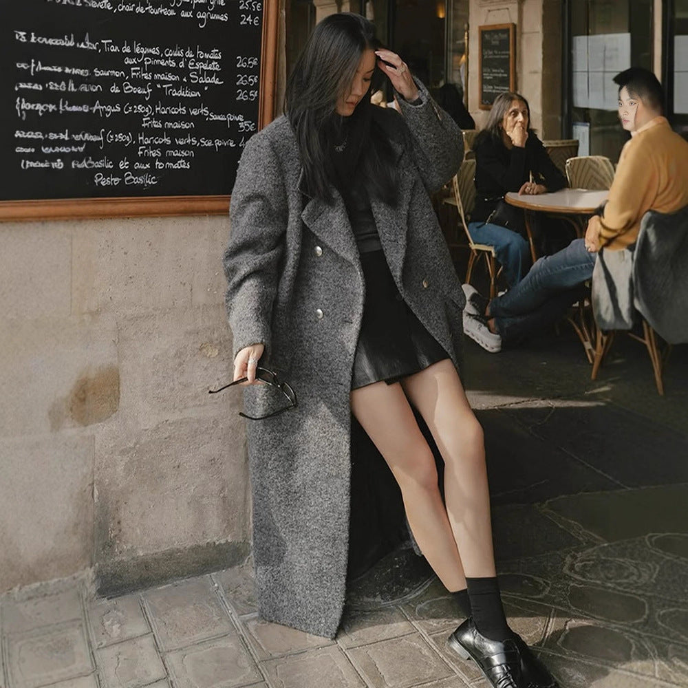 Women Maxi Long Oversize Wool Blend Coat Double-Breasted with Boxy Silhouette and Patch Pockets Mune Fashion