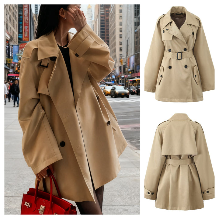 Women's Short Tailored Double-Breasted Trench with Cape Sleeves and Tie Belt Mune Fashion