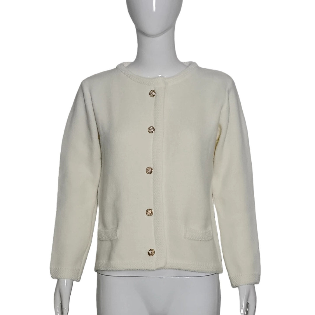 Ladies Elegant Cardigan with Round Neck, Decorative Buttons and Patch Pockets Mune Fashion