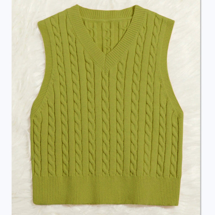 Ladies' Knit Vest with V-Neck and Cable Pattern Mune
