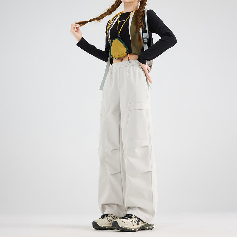 Women's Wide Cargo Pants with Elastic Waistband, Drawstring and Utility Pockets Mune Fashion