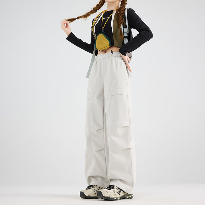 Women's Wide Cargo Pants with Elastic Waistband, Drawstring and Utility Pockets Mune Fashion