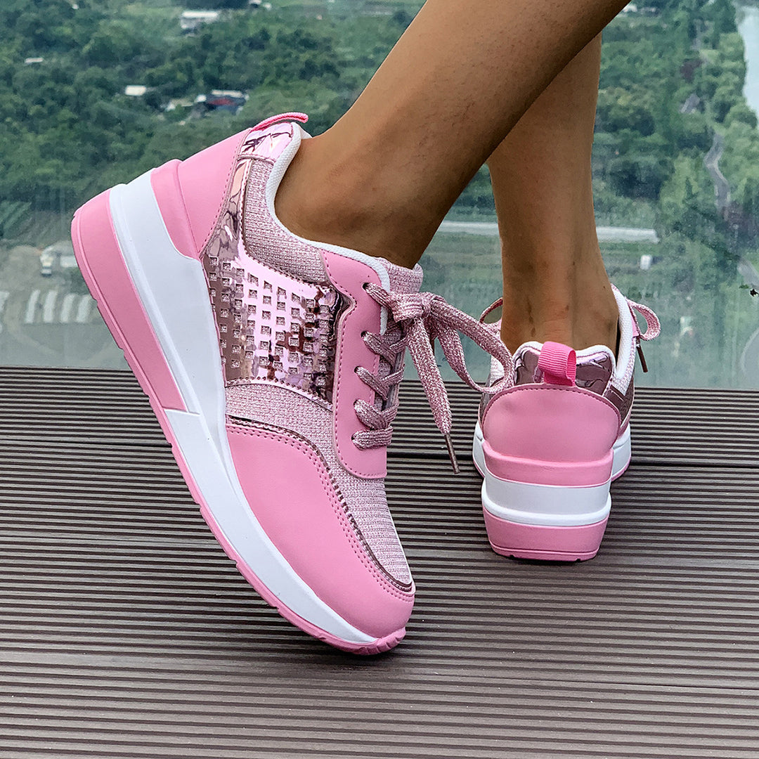 Women stylish wedge sneakers with metallic look large decorative stones and padded comfort footbed Mune Fashion