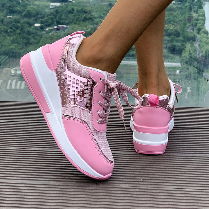 Women stylish wedge sneakers with metallic look large decorative stones and padded comfort footbed Mune Fashion