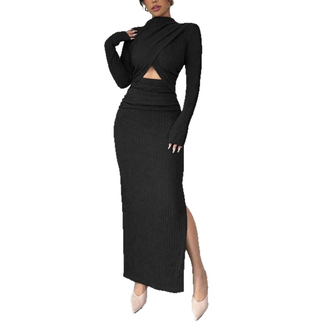 Women's Midi Dress with Cut-Outs Ribbed Structure and Side Slit Mune Fashion
