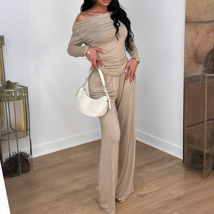 Women's two-piece jersey set with asymmetric wrap look, long-sleeve top, and wide high-waist pants Mune Fashion