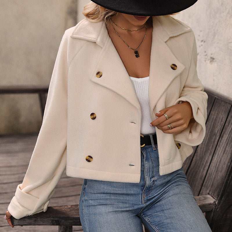 Women's Short Cut Double-Breasted Fleece Jacket with Notched Collar Mune Fashion
