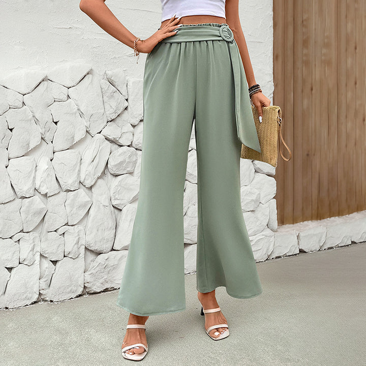 Women's High-Waisted Palazzo Pants with Draped Waistband and D-Ring Tie Belt Mune Fashion