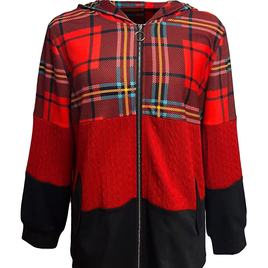 Women's long patchwork-style hooded jacket with check and knit inserts, front zipper and side pockets Mune Fashion