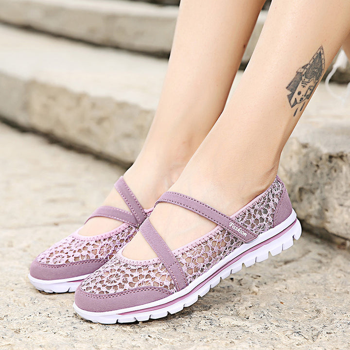 Women's crocheted Mary Jane sneakers with breathable lace mesh and flexible lightweight sole Mune Fashion