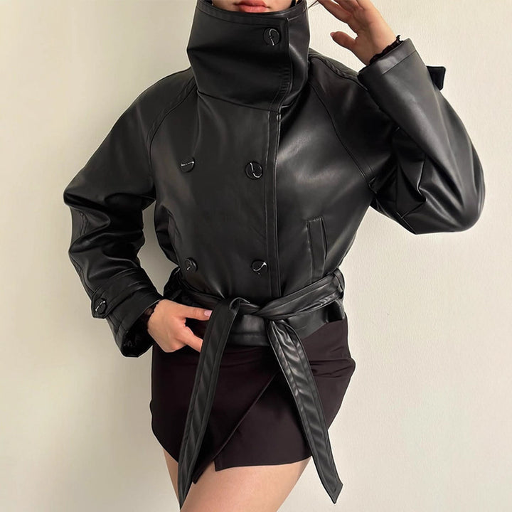 Women Tailored Short Blouson Jacket made of Imitation Leather with High Stand-up Collar and Ties Belt Mune Fashion