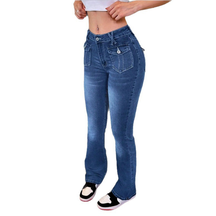 Women's High-Waisted Stretch Jeans with Light Flare and Decorative Pockets Mune Fashion